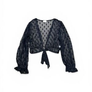 Y2K Fairy Goth Mesh Blouse Womens XL Grunge Sheer Black Polka Dot Tie Front Wrap